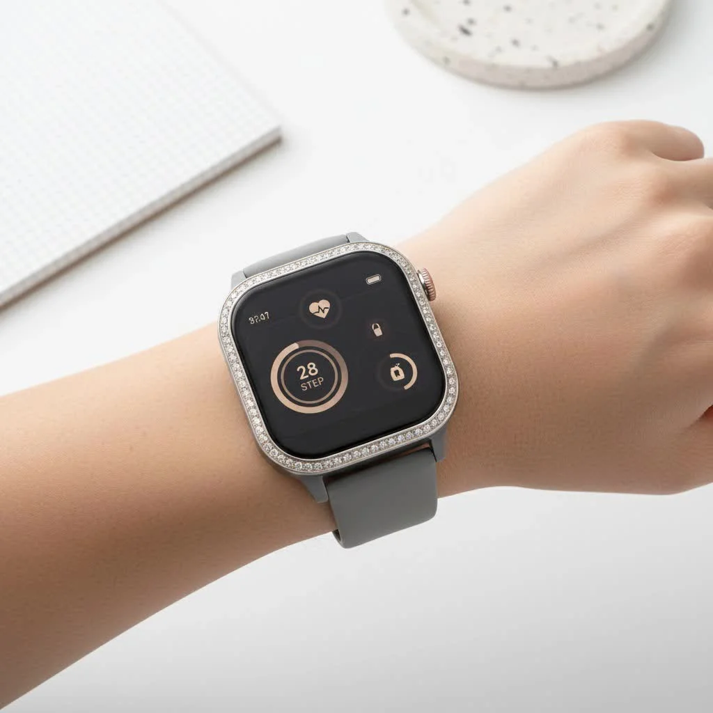 Person wearing a sleek smartwatch on their wrist, displaying a digital watch face