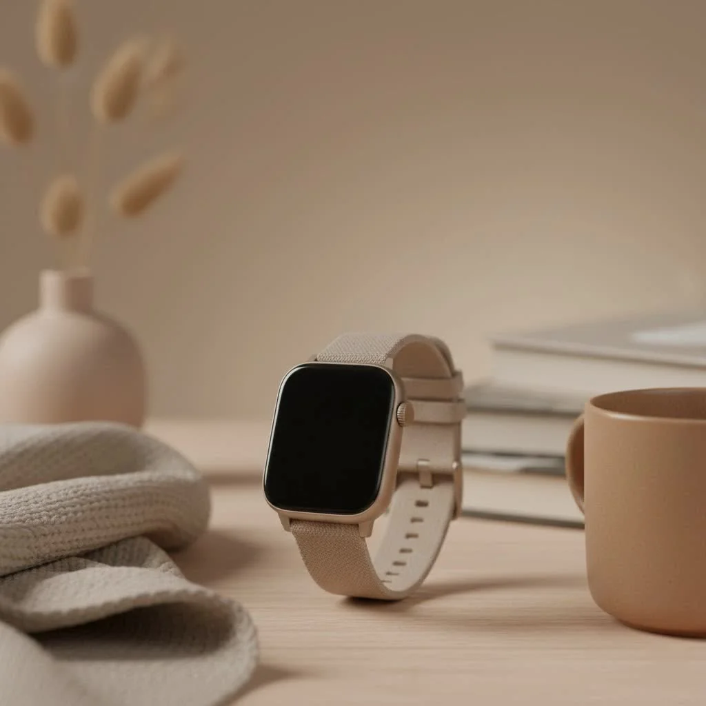 Elderly woman smiling while wearing a smartwatch