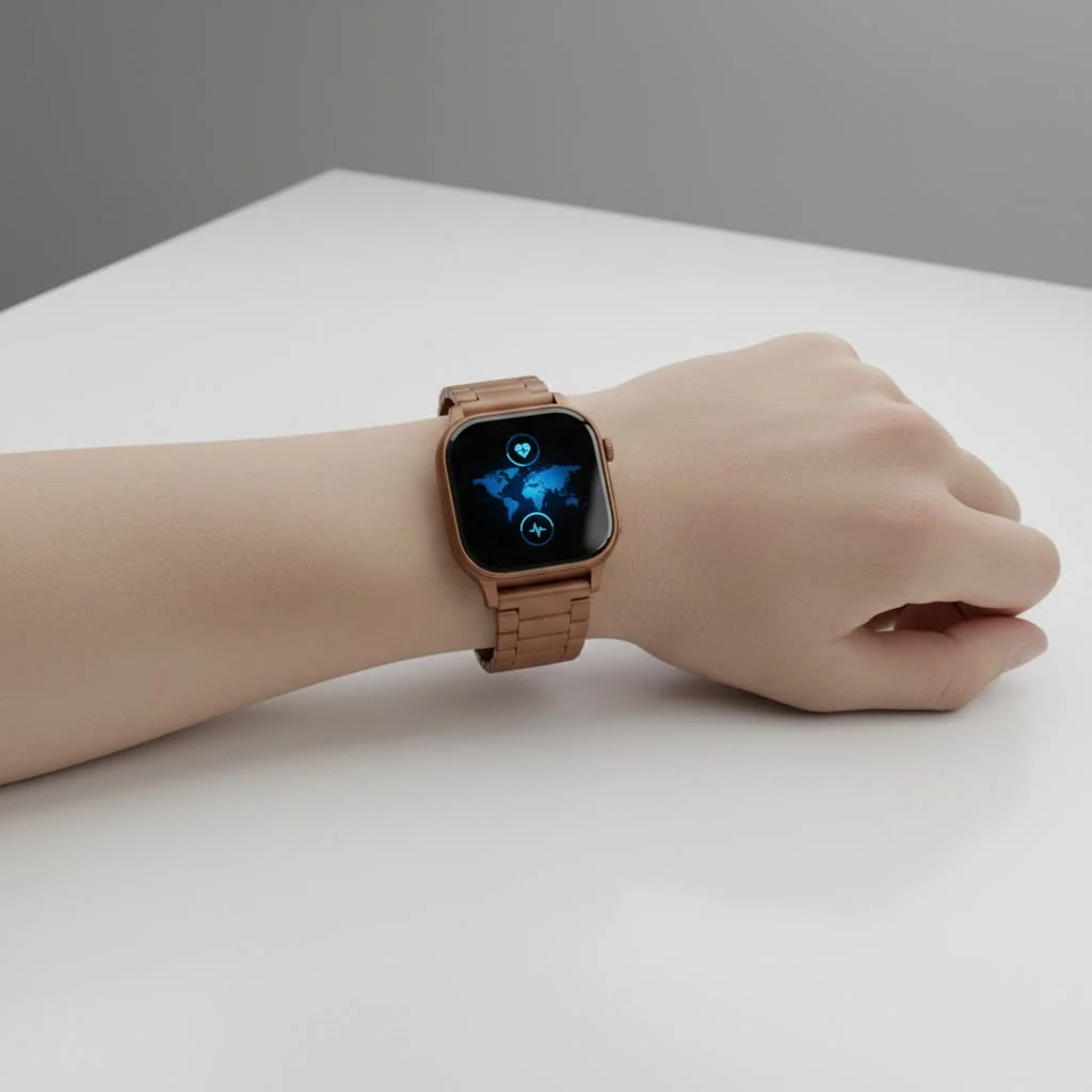 Child wearing a VTech smart watch and smiling
