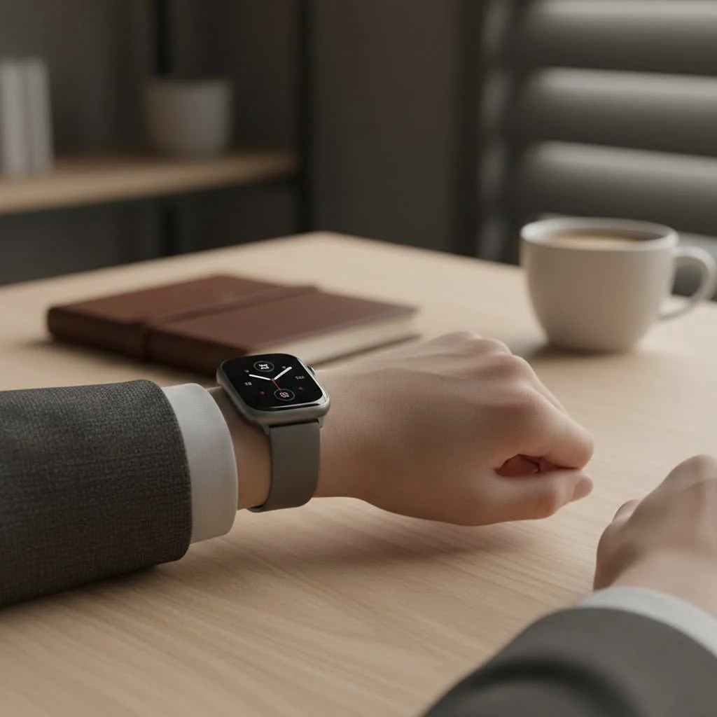 Person looking at smart watch deals on a laptop
