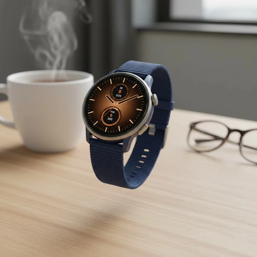 Elderly woman smiling while wearing a smartwatch