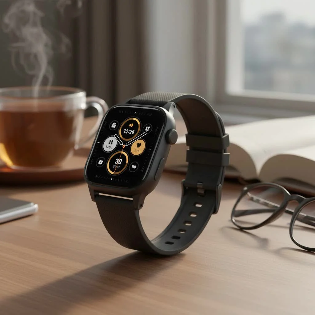 Person wearing a new smart watch and looking at its display