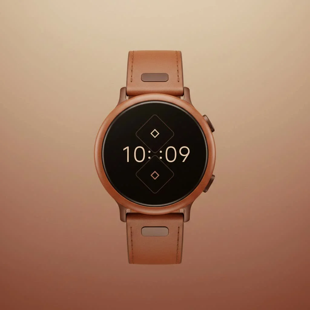 Round smart watch displaying a classic analog watch face